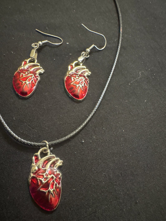 Red heart necklace and earrings
